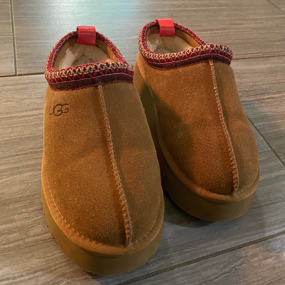 UGG Women's Brown Suede Mules with Red Trim